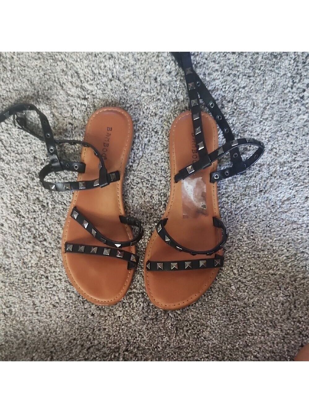 BAMBOO Black Ankle Wrap Flat Sandals W Silver Studded Accents Casual Goth Biker